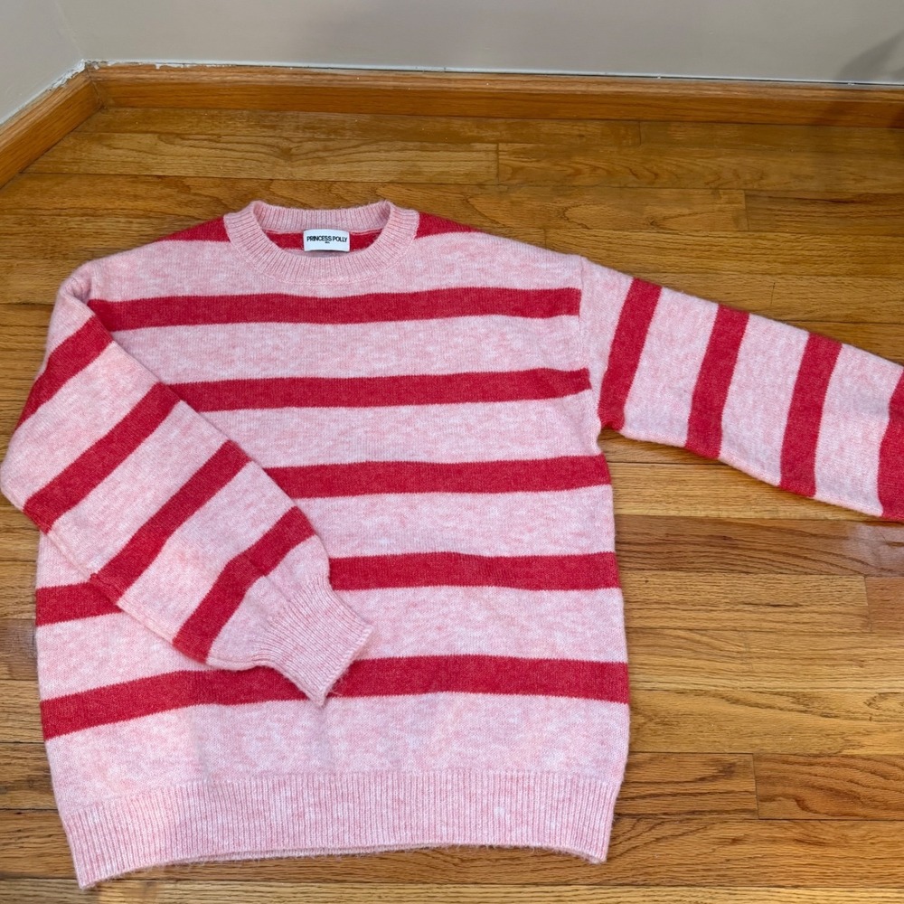 Princess Polly Pink Red Striped Oversized Sweater M/L Balloon Sleeve Crewneck